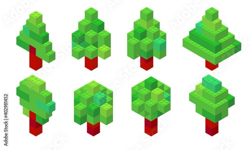 Set of trees in isometric view collected from plastic bricks. Coniferous and deciduous. Christmas tree. Vector illustration