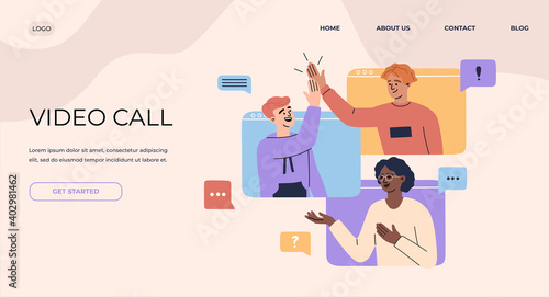 Video call landing page concept, banner of online conference with remote workers team at desktop screen, smiling man giving high five, working from home. Vector illustration on abstract background