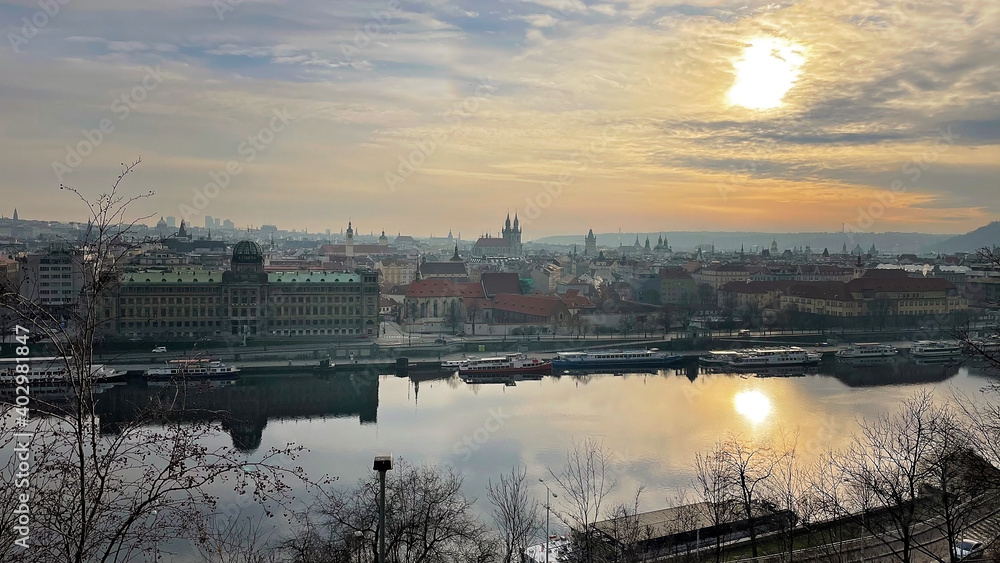 Sunset over Prague on a cold winter day