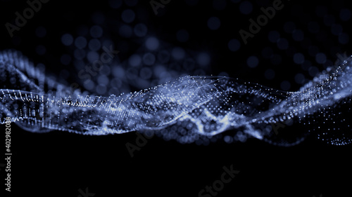Abstract 3D Technology concept. Big Data and Artificial Intelligence represented as a High Tech Futuristic Particle Network. Abstract background. 3D render