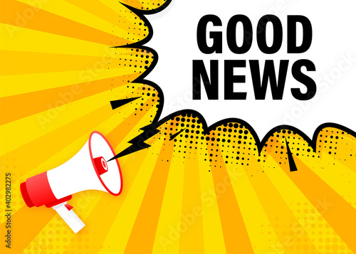 Good News megaphone yellow banner in 3D style. Loudspeacker. Vector illustration.