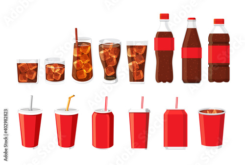 Various soft drinks in cans, a glass of cola vector illustration