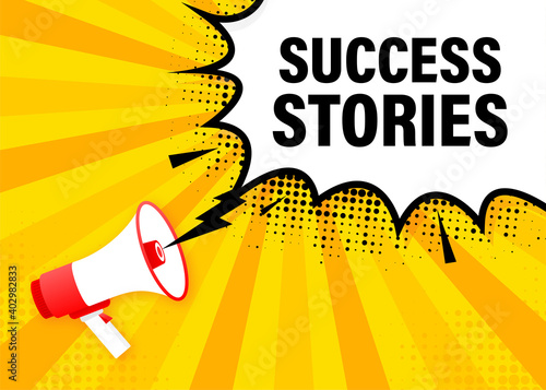 Success stories megaphone yellow banner. Vector illustration.