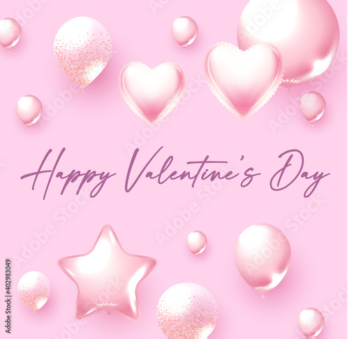 Happy Valentine s Day background with pink foliage balloons. Cute birthday invitation