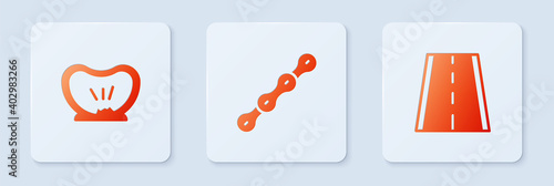 Set Bicycle chain, punctured tire and lane. White square button. Vector.