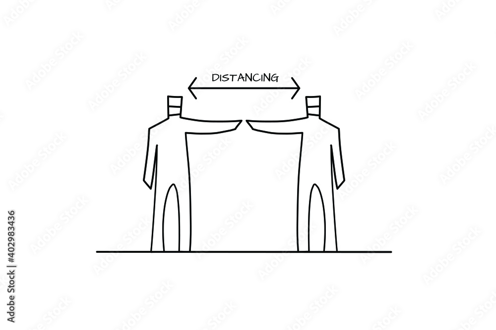 Doodle art for social distancing campaign. Two men, wearing mask, stand with distance to prevent the pandemic. Doodle art for social distancing campaign. Two men, wearing mask, stand with distance to prevent the pandemic.
