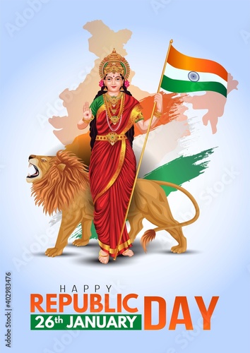 happy republic day India. 26 January, Bharath Mata holding Indian flag in front of lion. vector illustration design