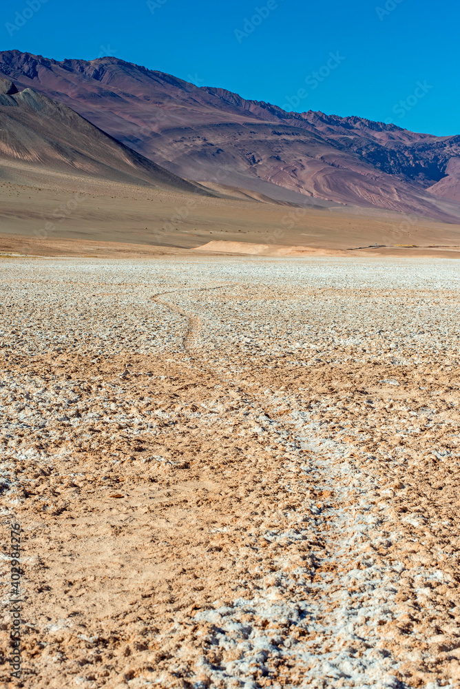 Path in the salt lake of Tolar Grande, Argentina. Climate change and arid landscape Path in the salt lake of Tolar Grande, Argentina. Climate change and arid landscape