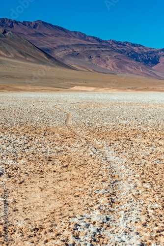 Path in the salt lake of Tolar Grande, Argentina. Climate change and arid landscape