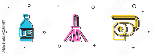 Set Bottle for cleaning agent, Handle broom and Toilet paper roll icon. Vector.