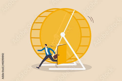 Exit rat race, breaking work routine escape from disappoint paychecks or toxic daily work environment concept, confident smart businessman running from opening exit door from trapped rat race wheel.