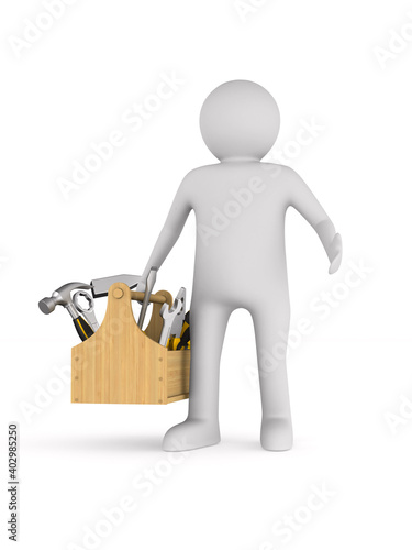 man with toolbox on white background. Isolated 3D illustration