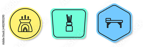 Set line Aroma candle, diffuser and Massage table. Colored shapes. Vector.