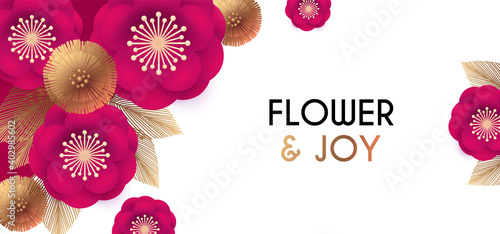 Flower design. Simple flower and leaver card template. Pink and gold. Birthday, weddign,ad and invitation flyer photo