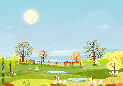 Panorama view of spring village  green meadow on hills  blue sky and sun Vector cartoon Spring or Summer landscape Panoramic countryside landscape of farmland with family ducks  swimming on the pond.