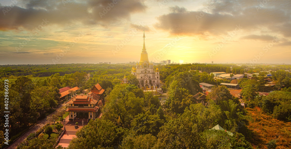 Aerial view of Buu Long Pagoda in Ho Chi Minh City. A beautiful buddhist temple hidden away in Ho Chi Minh City at Vietnam