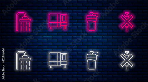 Set line Bed, Fitness shaker, Shower head and No doping syringe. Glowing neon icon on brick wall. Vector.
