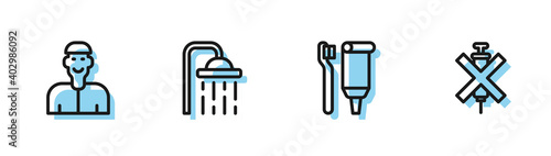 Set line Toothbrush and toothpaste, Positive thinking, Shower head and No doping syringe icon. Vector.