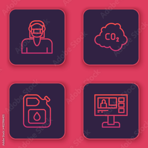 Set line Face in protective mask, Canister for gasoline, CO2 emissions cloud and Television report. Blue square button. Vector.