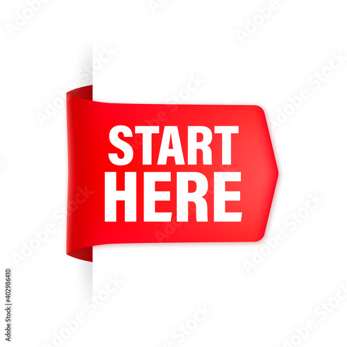 Start here red ribbon in flat style on white background. Vector illustration.