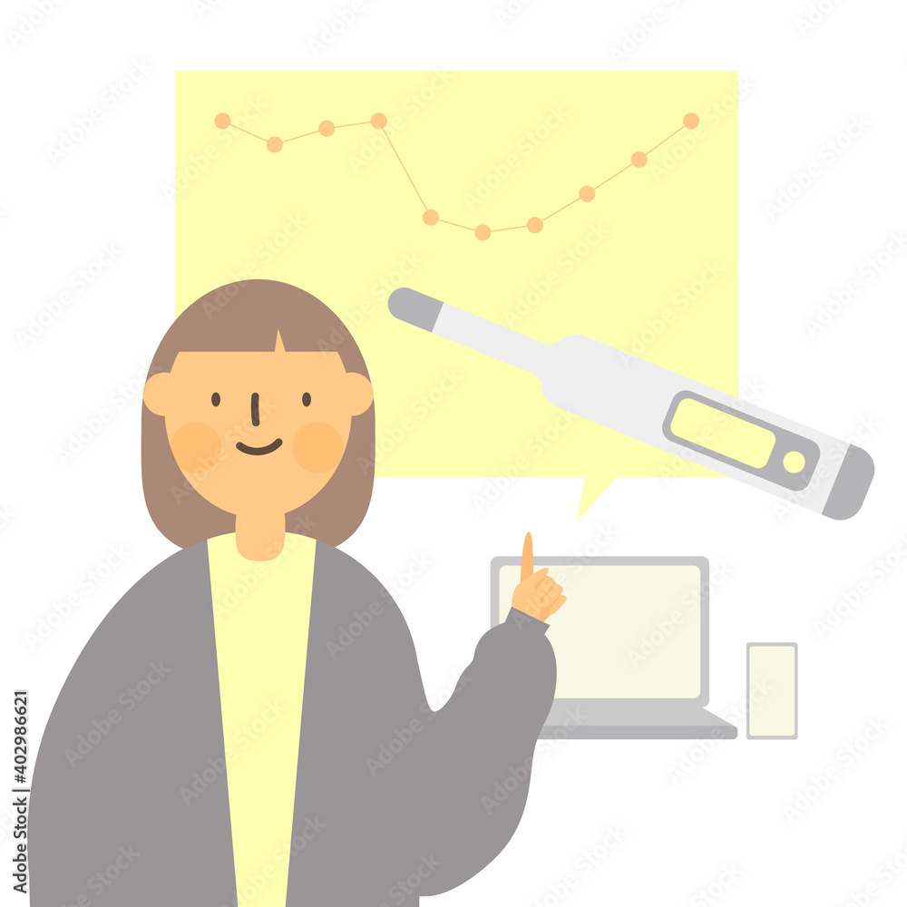 A woman who manages basal body temperature with a laptop computer A woman who manages basal body temperature with a laptop computer