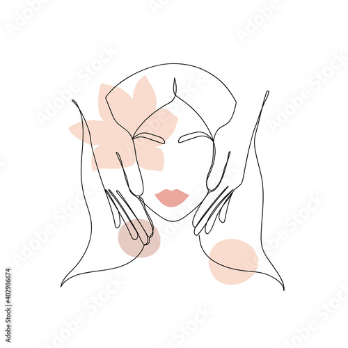 Abstract image in a linear style of a woman and hands giving a face massage. Vector illustration.