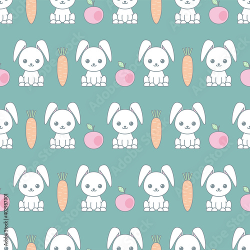 Cute seamless pattern with cartoon funny rabbits. Childish background. Pattern with doodle. Vector kawaii illustration.