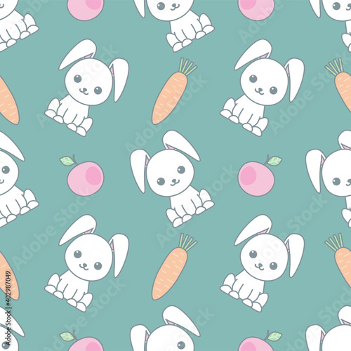 Cute seamless pattern with cartoon funny rabbits. Childish background. Pattern with doodle. Vector kawaii illustration.