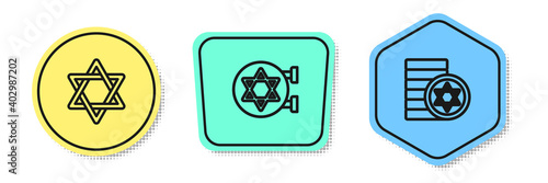 Set line Star of David, Jewish synagogue and coin. Colored shapes. Vector.
