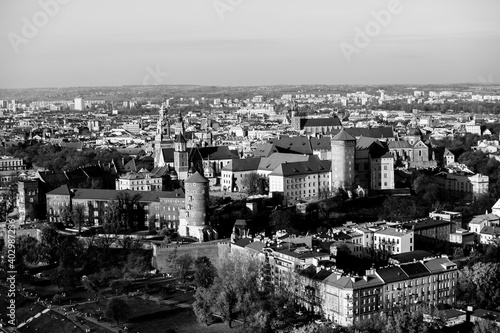 Top view of the Krakow in the historic city center. Black and white photo.