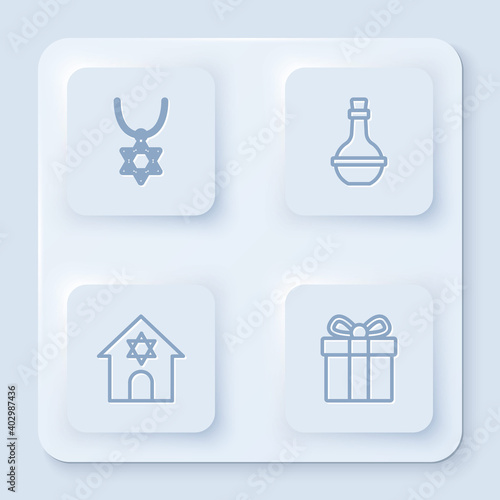 Set line Star of David necklace on chain, Jewish wine bottle, synagogue and Gift box. White square button. Vector.