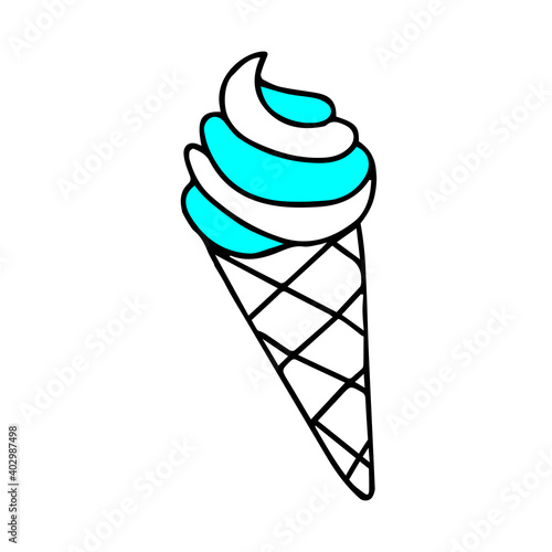 Black hand-drawn vector illustration of One fresh cold blue ice cream in a waffle cone isolated on a white background