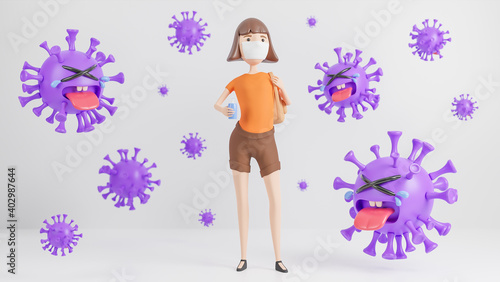 A young woman wearing a medical mask and holding a hand wash alcohol gel surrounded by cute purple colona virus characters crying on white background.,3d model and illustration.