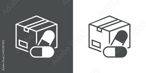 Logotipo entega de medicamentos. Icono caja de cartón con píldoras con lineas en fondo gris y fondo blanco