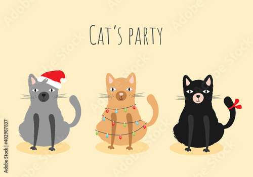 Cat's party illustration. Cute christmas cat character