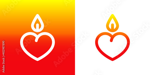 Día de San Valentín. Logotipo con corazón como vela encendida con lineas en fondo rojo y fondo blanco