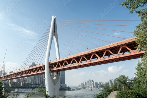Chongqing city skyline, modern bridges and skyscrapers.