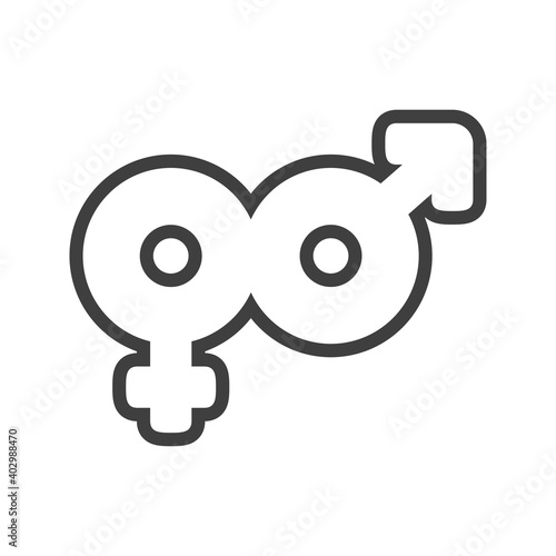Logotipo sexo heterosexual. Símbolos masculino y femenino unidos en lineas en color gris
