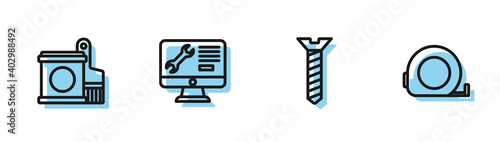 Set line Metallic screw, Paint bucket and brush, Computer monitor service and Roulette construction icon. Vector.