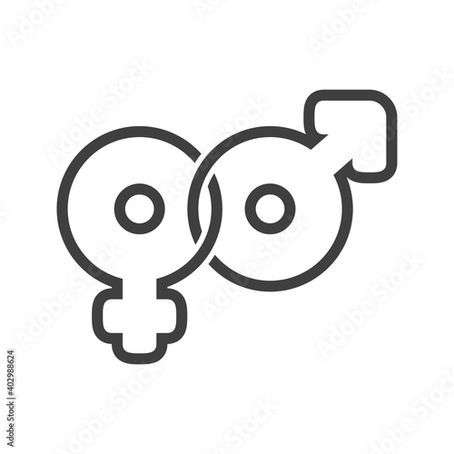 Logotipo sexo heterosexual. Símbolos masculino y femenino unidos en lineas en color gris