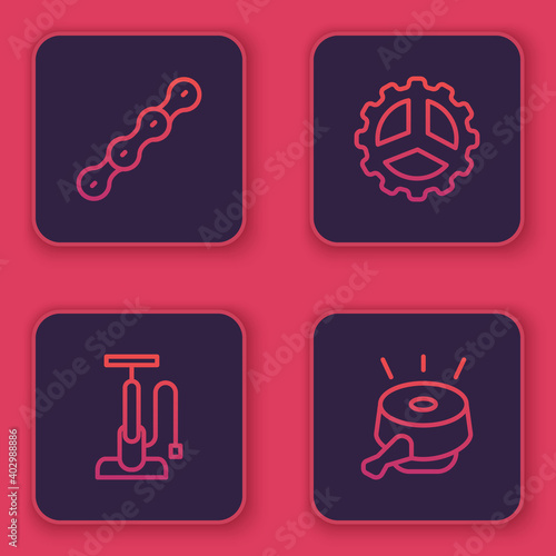 Set line Bicycle chain, air pump, sprocket crank and bell. Blue square button. Vector.