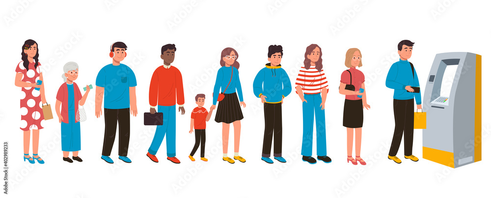Cartoon positive people standing in queue to atm. Cartoon positive people standing in queue to atm.