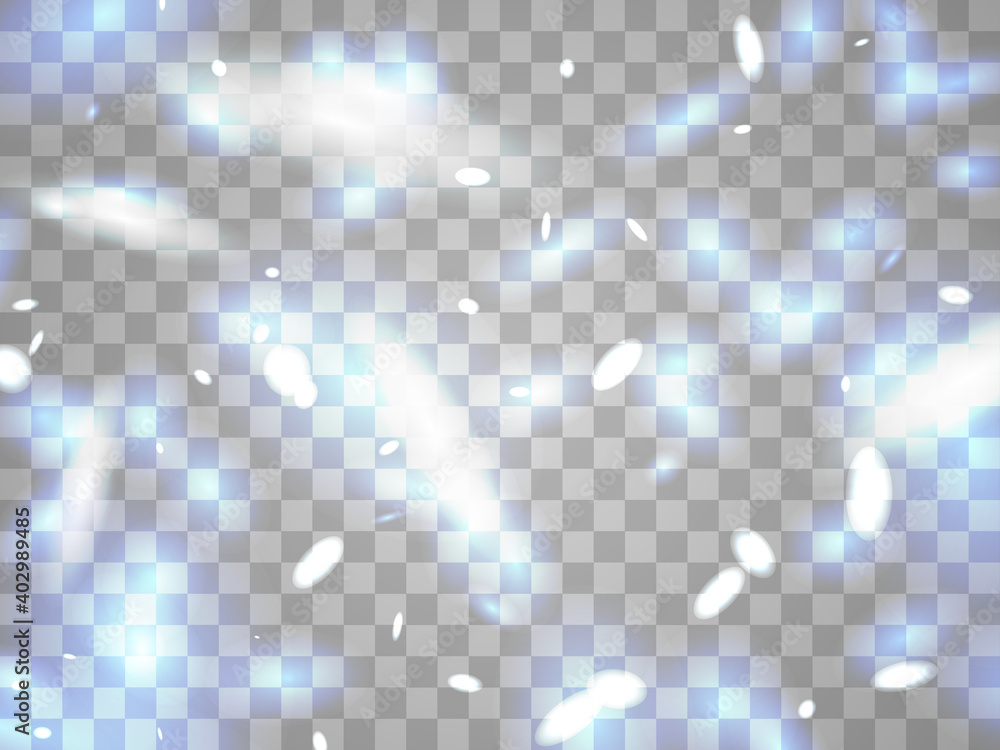 Fototapeta premium Glowing light on a transparent background. Glowing particles, magic glow. Sparkling light. Star dust. Design a template for banner, poster and greeting cards. Vector illustration