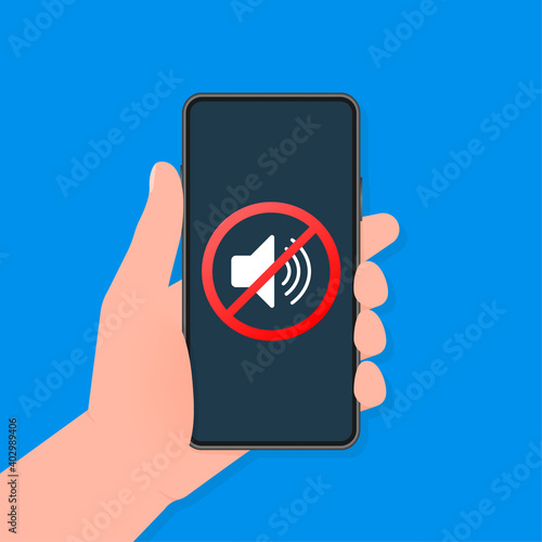 Hand holds phone with no sound sign on screen on darck background. Vector illustration.