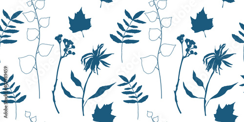 Botanical vector seamless pattern. Hand drawn illustrations of plants, wildflowers, leaves and herbs on white background.