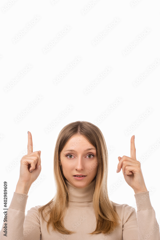 Portrait of attractive girl pointing fingers up, showing good shopping site, recommend click link, upload app Portrait of attractive girl pointing fingers up, showing good shopping site, recommend click link, upload app