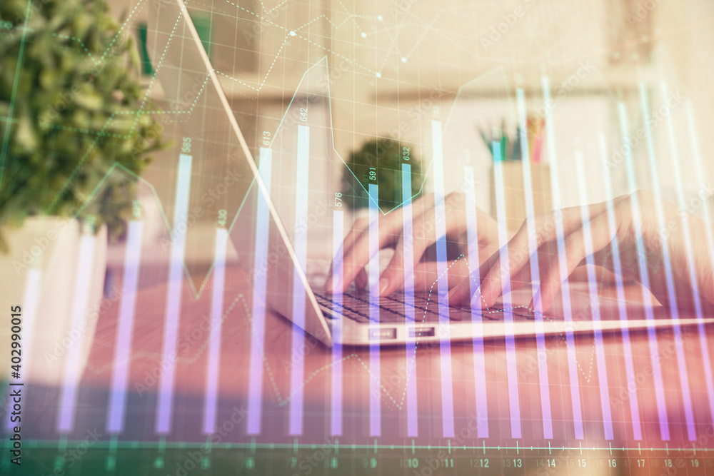 Double exposure of woman hands typing on computer and forex chart hologram drawing. Stock market invest concept. Double exposure of woman hands typing on computer and forex chart hologram drawing. Stock market invest concept.