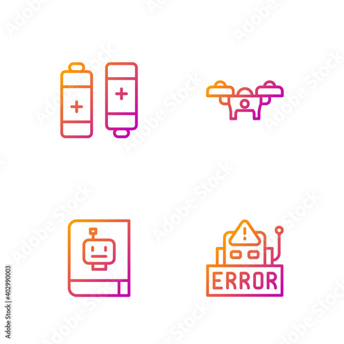 Set line Error in robot, User manual, Battery and Drone. Gradient color icons. Vector.