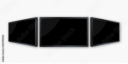 Flat monitor wall. Perspective vector. Vector icon. Media technology. Blank screen isolated. Black frame.