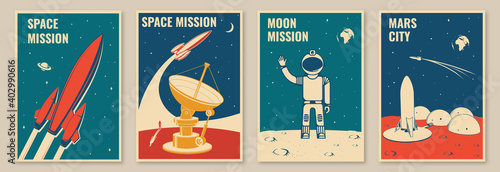 Mars city and space mission posters, banners, flyers. Vector Concept for shirt, print, stamp. Vintage typography design with space rocket, astronaut on the moon and city on mars silhouette.